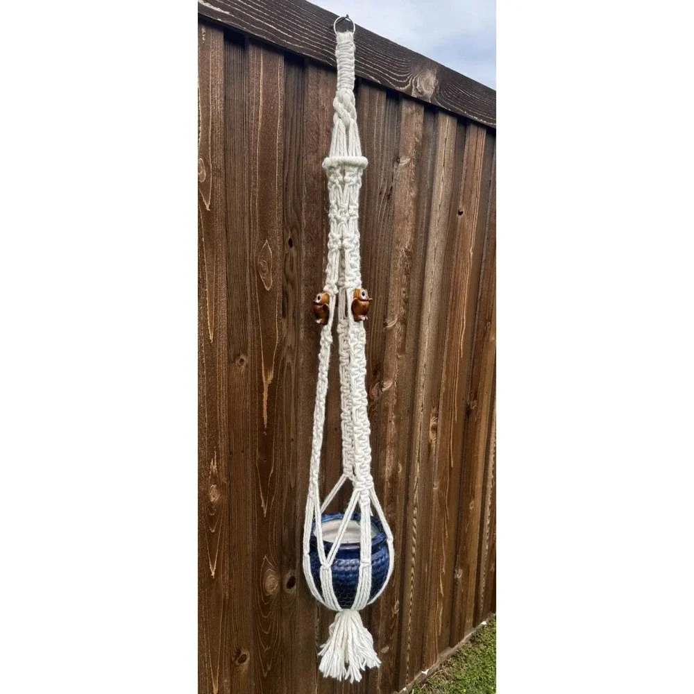 Macrame Cream Plant Hanger Boho 70s Hanging Planter w/ Owl Accents 58